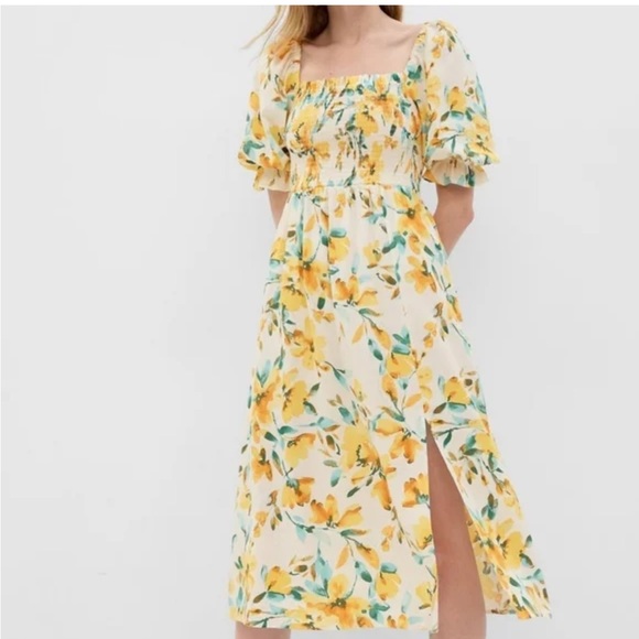 GAP Linen-Blend Puff Sleeve Square Neck Butter Yellow Midi Cottagecore Dress XL - Picture 1 of 7